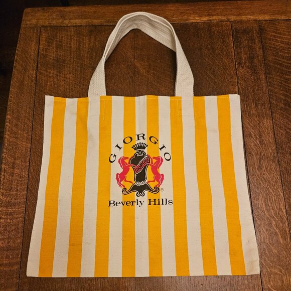 Giorgio Beverly Hills Handbags - Vintage Giorgio Beverly Hills Yellow & White Stripe Canvas Tote Bag.